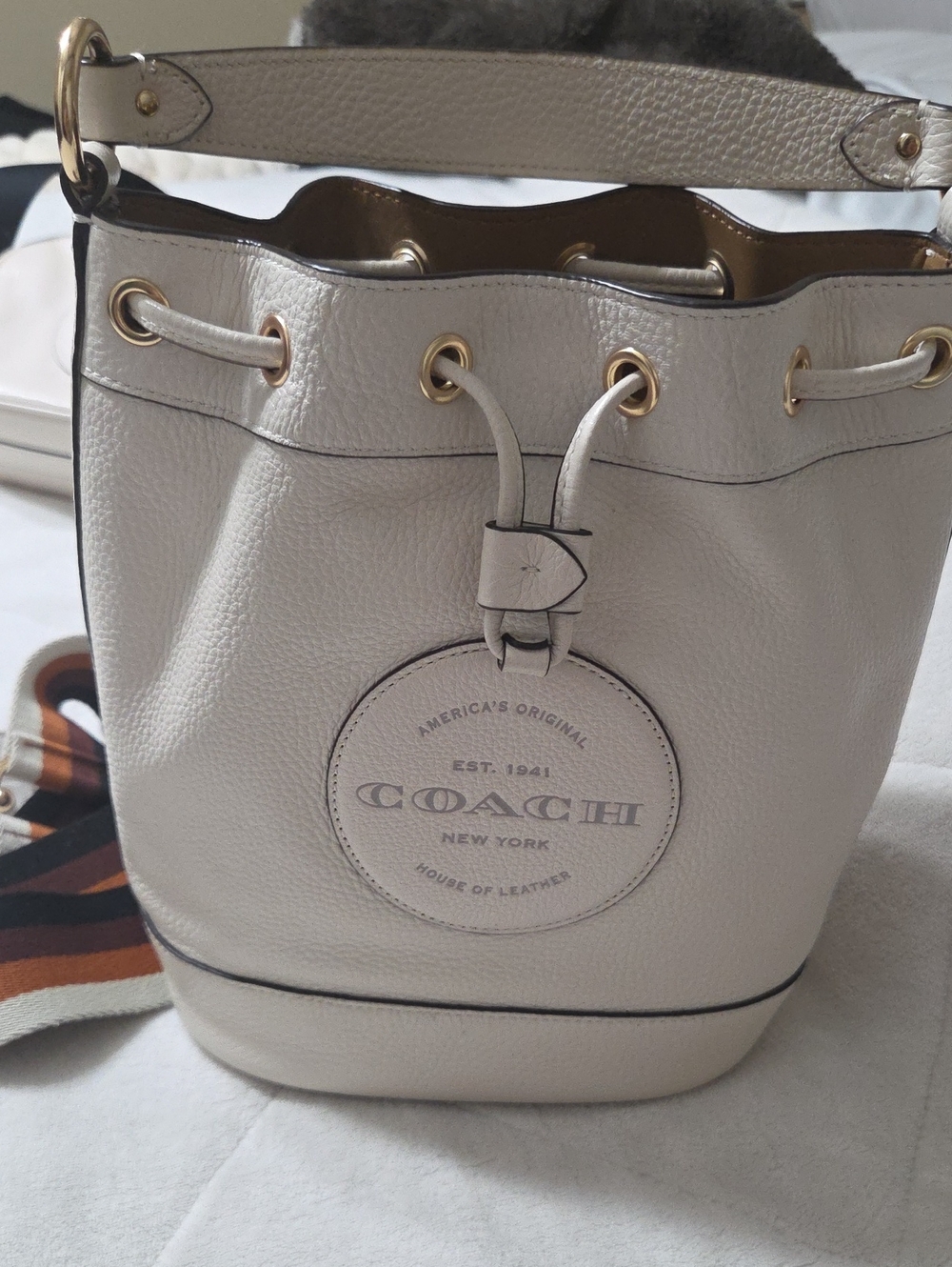 Coach Pebbled Leather Bucket Shoulder Bag in Light Cream with Gold Hardware